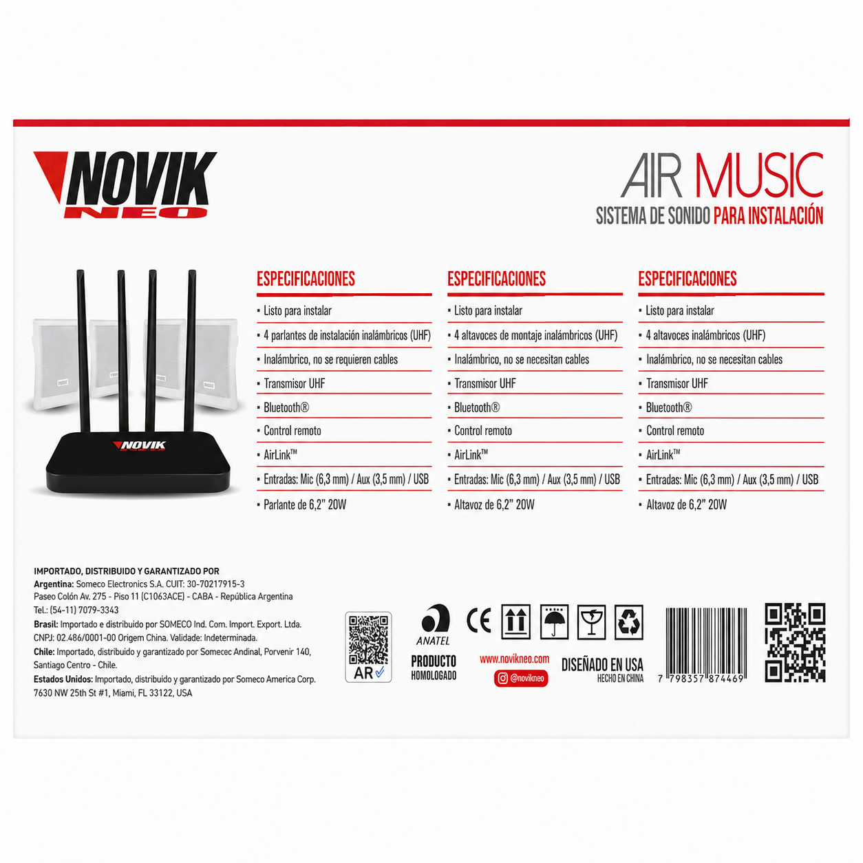 Kit Musica Ambiental 4 Parlantes Inalambrico Novik