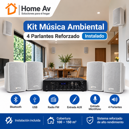 Kit Música Ambiental 4 Parlantes Reforzado Instalado