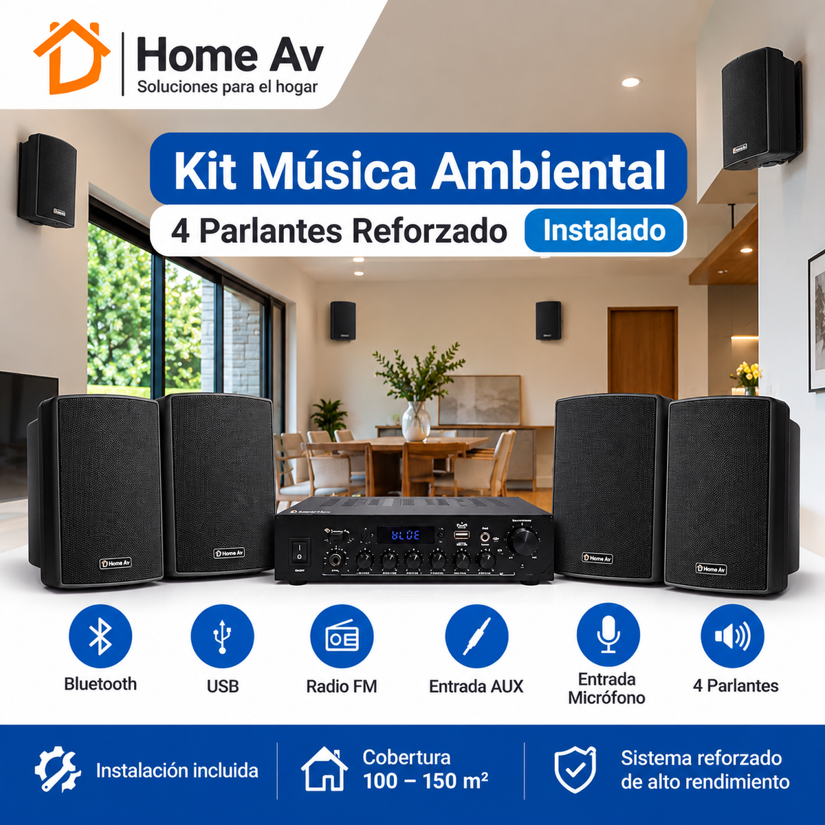 Kit Música Ambiental 4 Parlantes Reforzado Instalado