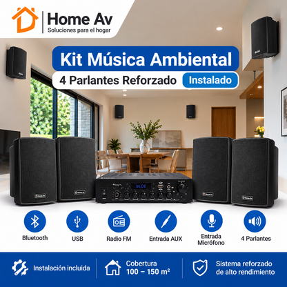 Kit Música Ambiental 4 Parlantes Reforzado Instalado